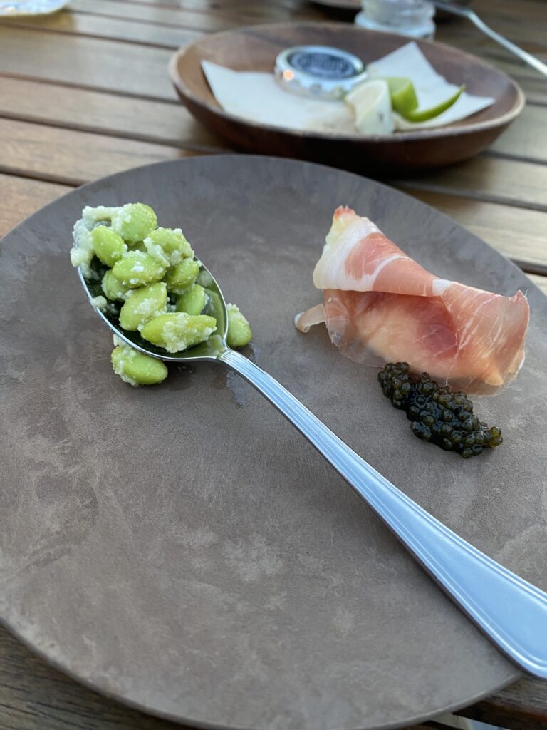 The Mana village Azzurrissimoの夕食(生ハムと枝豆) /Dinner at The Mana Village Kochi (rawham and edamame)