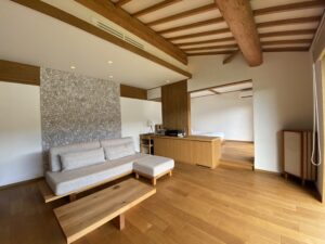 湖畔遊 マッキントッシュスイートのリビングと湖畔の景色：Living room of the Macintosh Suite at Kohanyu with lake view